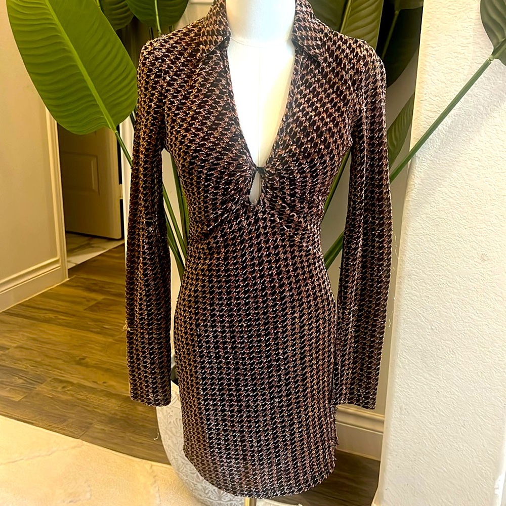 Black & Metallic Brown Collared Mini Dress